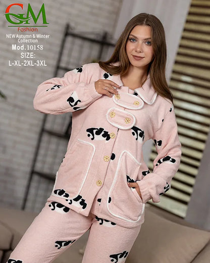 10158بيجامة حريمي Fleece مبطن GM Fashion موديل 10158 | أطقم شتوي برسومات مريحة