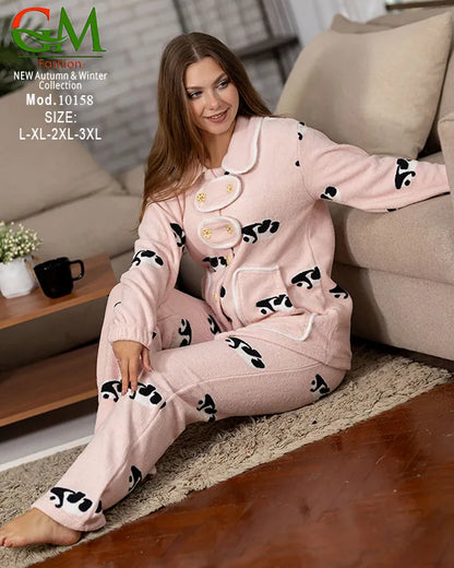 10158بيجامة حريمي Fleece مبطن GM Fashion موديل 10158 | أطقم شتوي برسومات مريحة