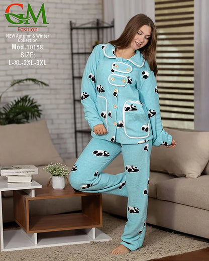 10158بيجامة حريمي Fleece مبطن GM Fashion موديل 10158 | أطقم شتوي برسومات مريحة