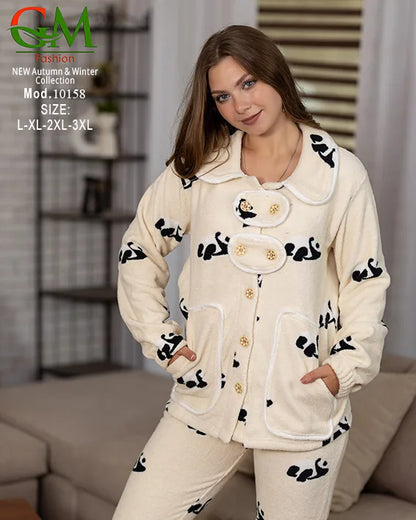 10158بيجامة حريمي Fleece مبطن GM Fashion موديل 10158 | أطقم شتوي برسومات مريحة