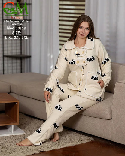 10158بيجامة حريمي Fleece مبطن GM Fashion موديل 10158 | أطقم شتوي برسومات مريحة