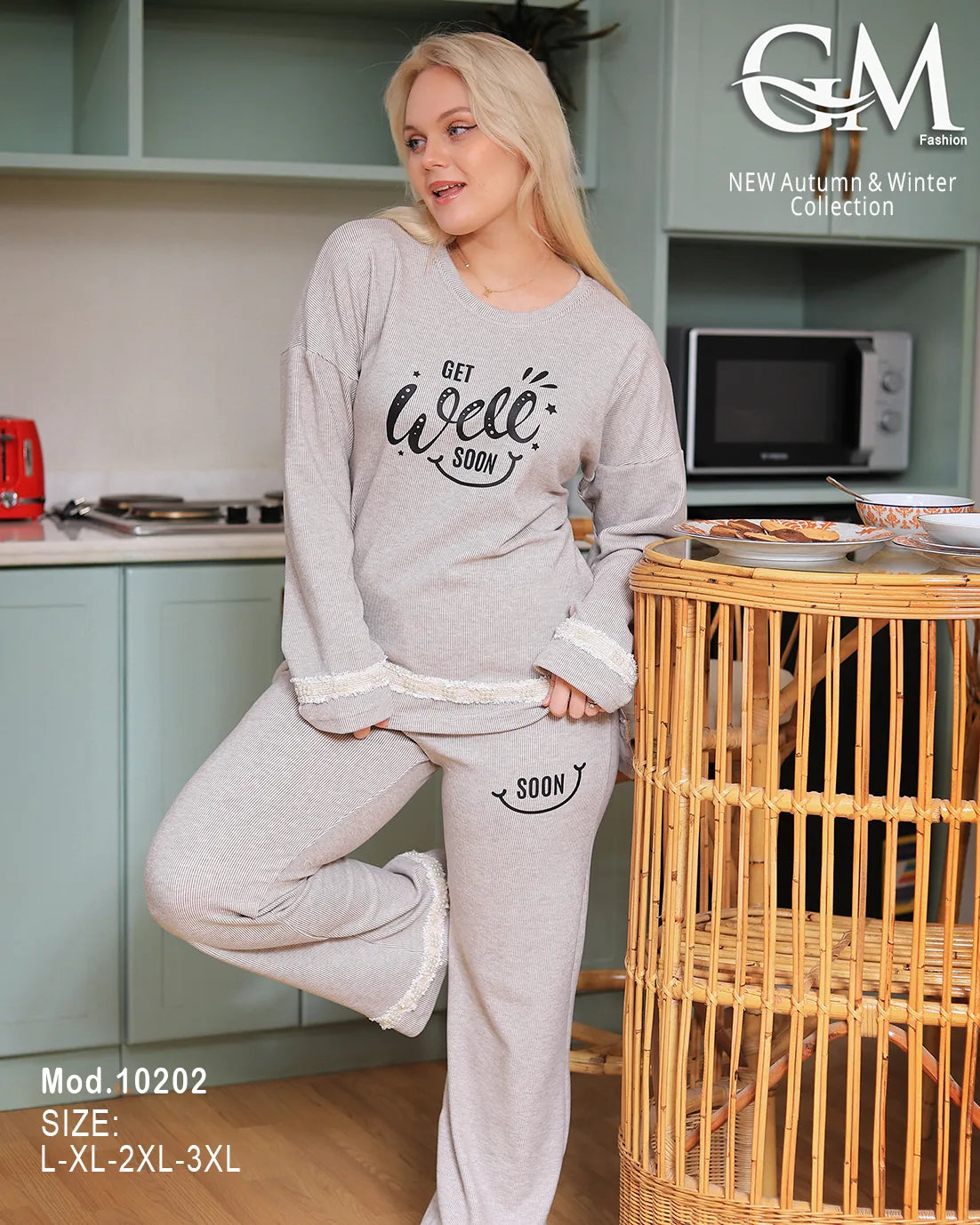 بيجامة شتوي قطن مزخرفة حريمي – موديل 10202 | GM Fashion