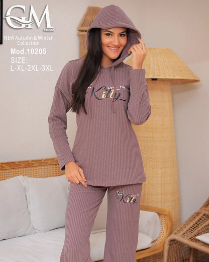 طقم شتوي حريمي قطيفة مضلع بكابيشو – موديل 10205 – مقاسات حتى 3XL