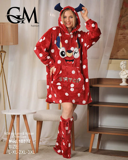 بيجامة شتوية نسائية قطيفة برسومات لطيفة – موديل 10377 | GM Fashion
