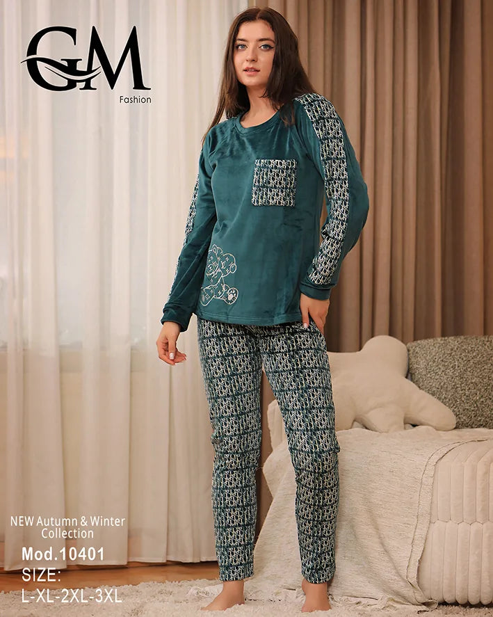 طقم بيجامة شتوي نسائي GM Fashion | موديل 10401 بزخارف ودب