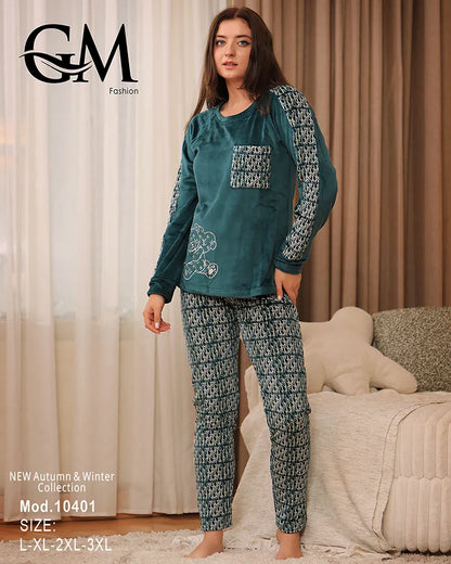 طقم بيجامة شتوي نسائي GM Fashion | موديل 10401 بزخارف ودب