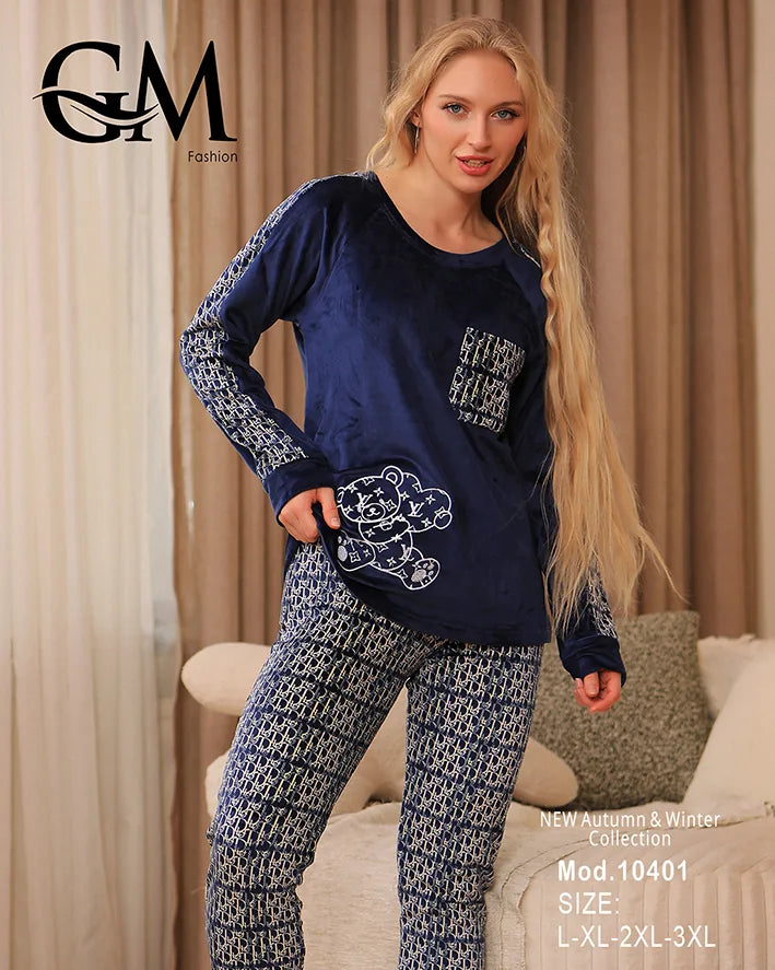 طقم بيجامة شتوي نسائي GM Fashion | موديل 10401 بزخارف ودب