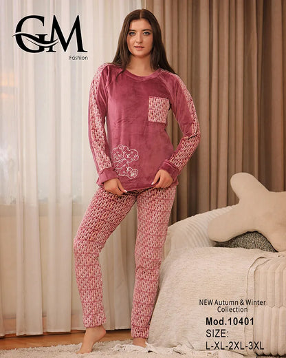 طقم بيجامة شتوي نسائي GM Fashion | موديل 10401 بزخارف ودب