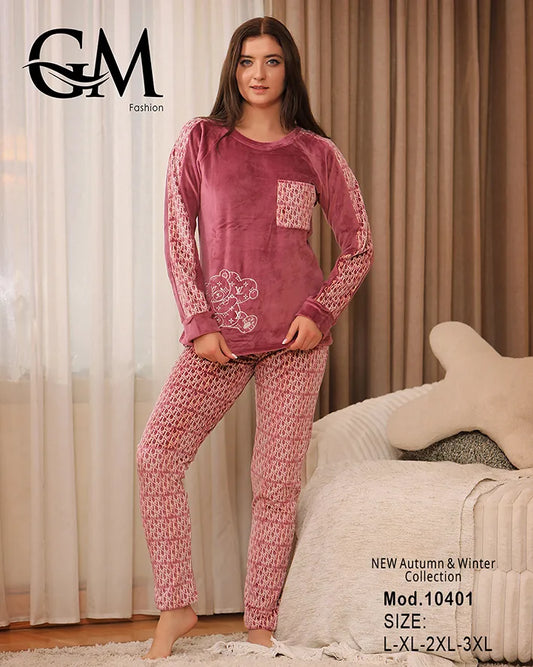 طقم بيجامة شتوي نسائي GM Fashion | موديل 10401 بزخارف ودب