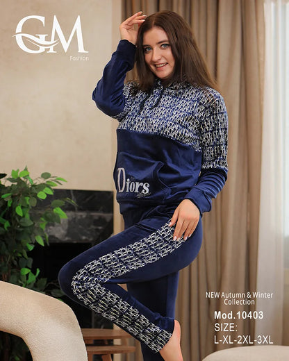 طقم رياضي شتوي نسائي GM Fashion | موديل 10403 بقلنسوة