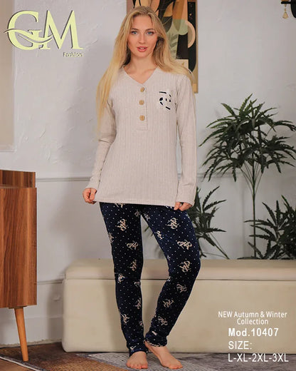 طقم هوم وير شتوي حريمي قطعتين بخامة دافئة | موديل 10407 | GM Fashion