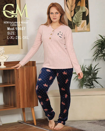 طقم هوم وير شتوي حريمي قطعتين بخامة دافئة | موديل 10407 | GM Fashion
