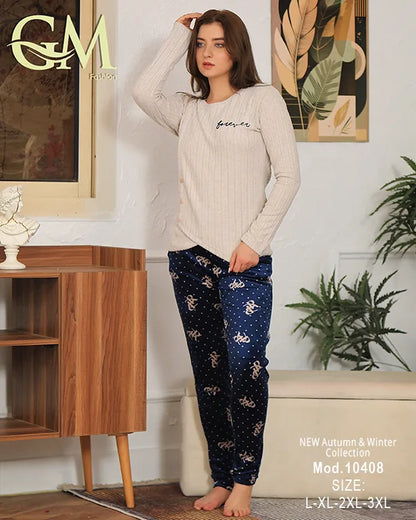 بيجامة شتوية حريمي قطيفة ناعمة بألوان هادئة – GM Fashion – موديل 10408