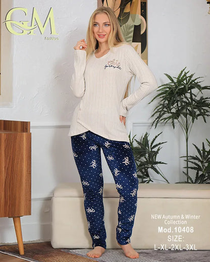بيجامة شتوية حريمي قطيفة ناعمة بألوان هادئة – GM Fashion – موديل 10408