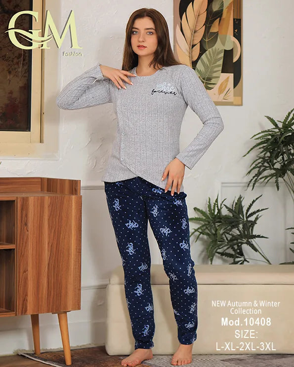 بيجامة شتوية حريمي قطيفة ناعمة بألوان هادئة – GM Fashion – موديل 10408