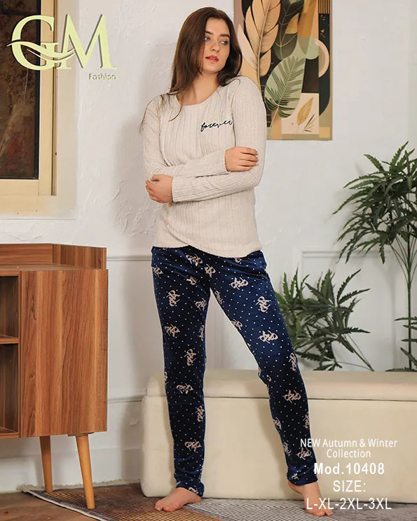 بيجامة شتوية حريمي قطيفة ناعمة بألوان هادئة – GM Fashion – موديل 10408