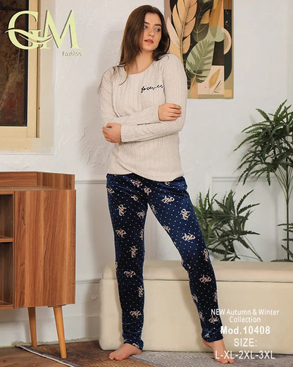 بيجامة شتوية حريمي قطيفة ناعمة بألوان هادئة – GM Fashion – موديل 10408