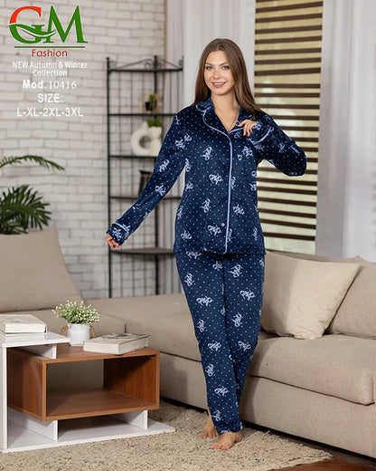 بيجامة قطيفة حريمي كلاسيك GM Fashion | موديل 10416 طقم استقبال شتوي بأزرار