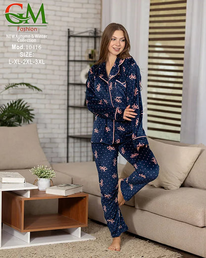 بيجامة قطيفة حريمي كلاسيك GM Fashion | موديل 10416 طقم استقبال شتوي بأزرار