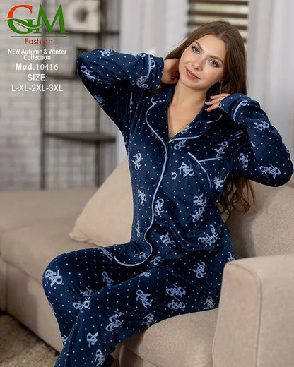 بيجامة قطيفة حريمي كلاسيك GM Fashion | موديل 10416 طقم استقبال شتوي بأزرار
