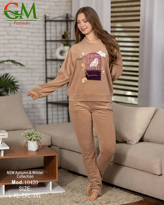 ترنج حريمي قطيفة مبطن أوفر سايز GM Fashion موديل 10420 | طقم شتوي Oversize