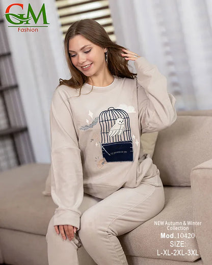 ترنج حريمي قطيفة مبطن أوفر سايز GM Fashion موديل 10420 | طقم شتوي Oversize