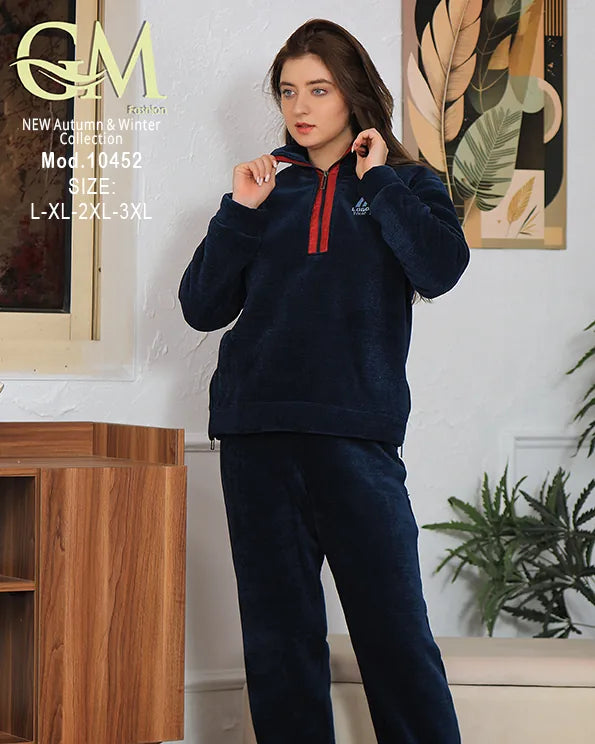 طقم شتوي نسائي قطيفة سادة بربع سحاب | GM Fashion | موديل 10452