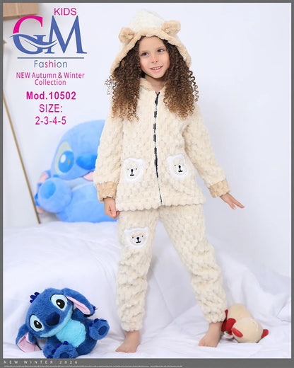 طقم شتوي بناتي قطيفة فرو بغطاء رأس وأشكال دب | موديل 10502 | GM Kids