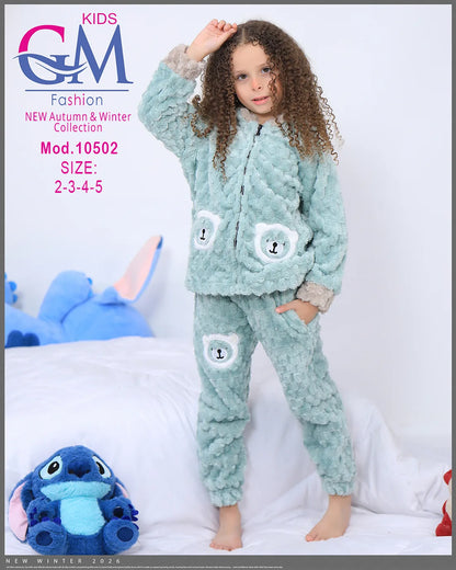 طقم شتوي بناتي قطيفة فرو بغطاء رأس وأشكال دب | موديل 10502 | GM Kids