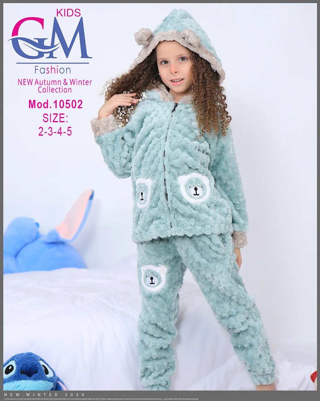 طقم شتوي بناتي قطيفة فرو بغطاء رأس وأشكال دب | موديل 10502 | GM Kids