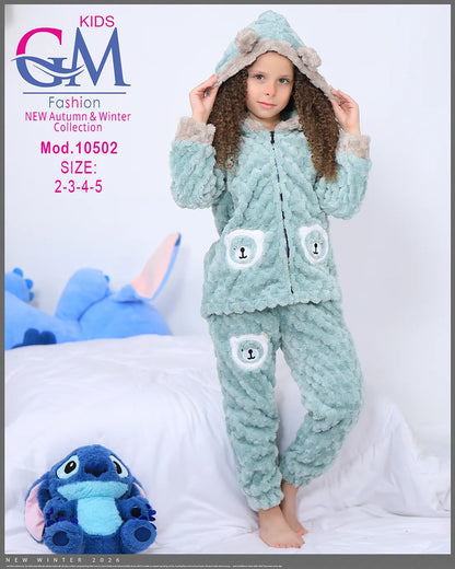 طقم شتوي بناتي قطيفة فرو بغطاء رأس وأشكال دب | موديل 10502 | GM Kids