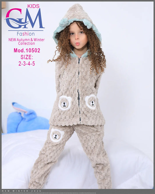 طقم شتوي بناتي قطيفة فرو بغطاء رأس وأشكال دب | موديل 10502 | GM Kids