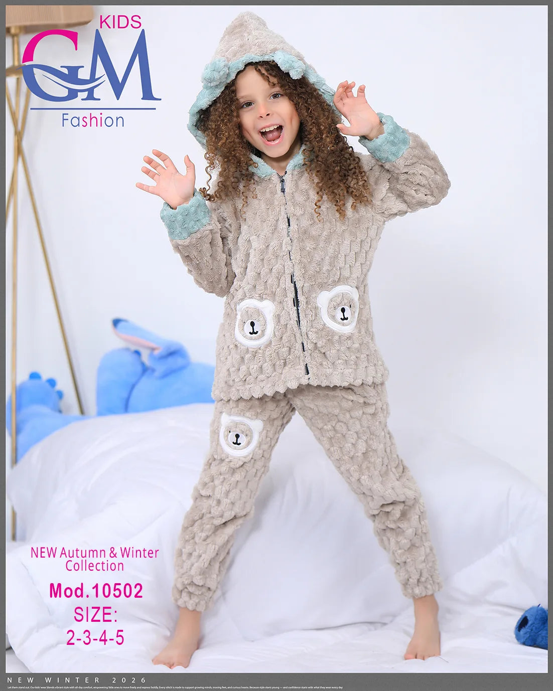 طقم شتوي بناتي قطيفة فرو بغطاء رأس وأشكال دب | موديل 10502 | GM Kids