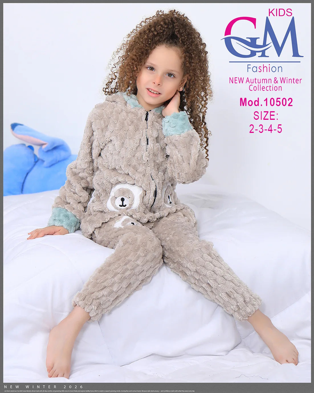 طقم شتوي بناتي قطيفة فرو بغطاء رأس وأشكال دب | موديل 10502 | GM Kids