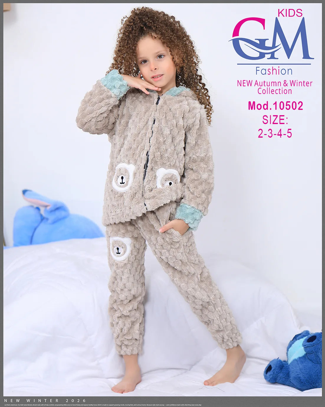طقم شتوي بناتي قطيفة فرو بغطاء رأس وأشكال دب | موديل 10502 | GM Kids