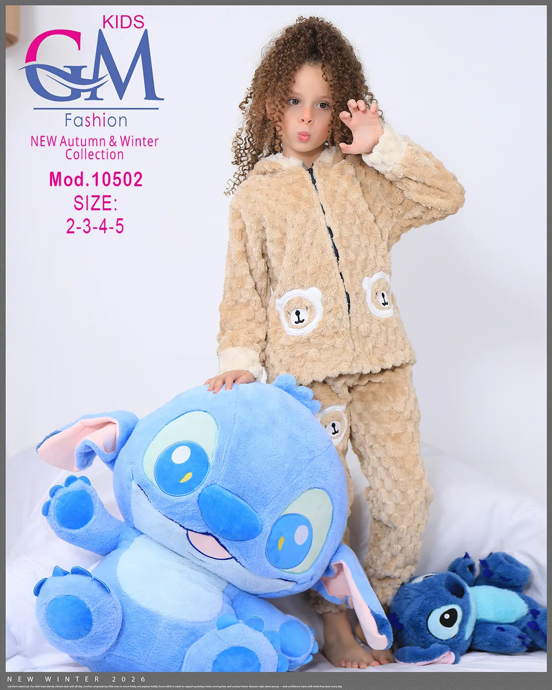 طقم شتوي بناتي قطيفة فرو بغطاء رأس وأشكال دب | موديل 10502 | GM Kids