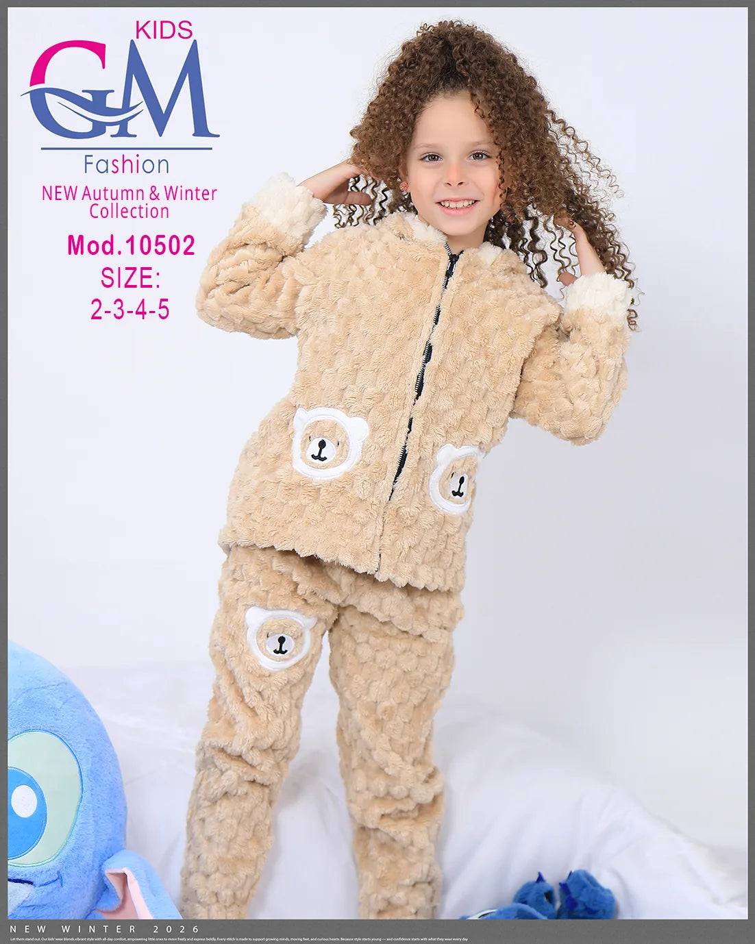 طقم شتوي بناتي قطيفة فرو بغطاء رأس وأشكال دب | موديل 10502 | GM Kids