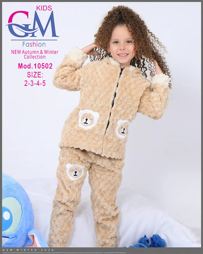 طقم شتوي بناتي قطيفة فرو بغطاء رأس وأشكال دب | موديل 10502 | GM Kids