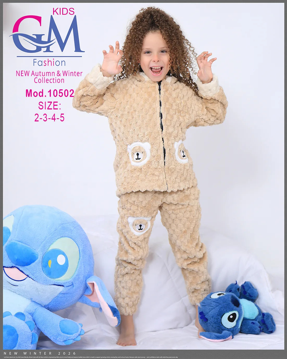 طقم شتوي بناتي قطيفة فرو بغطاء رأس وأشكال دب | موديل 10502 | GM Kids