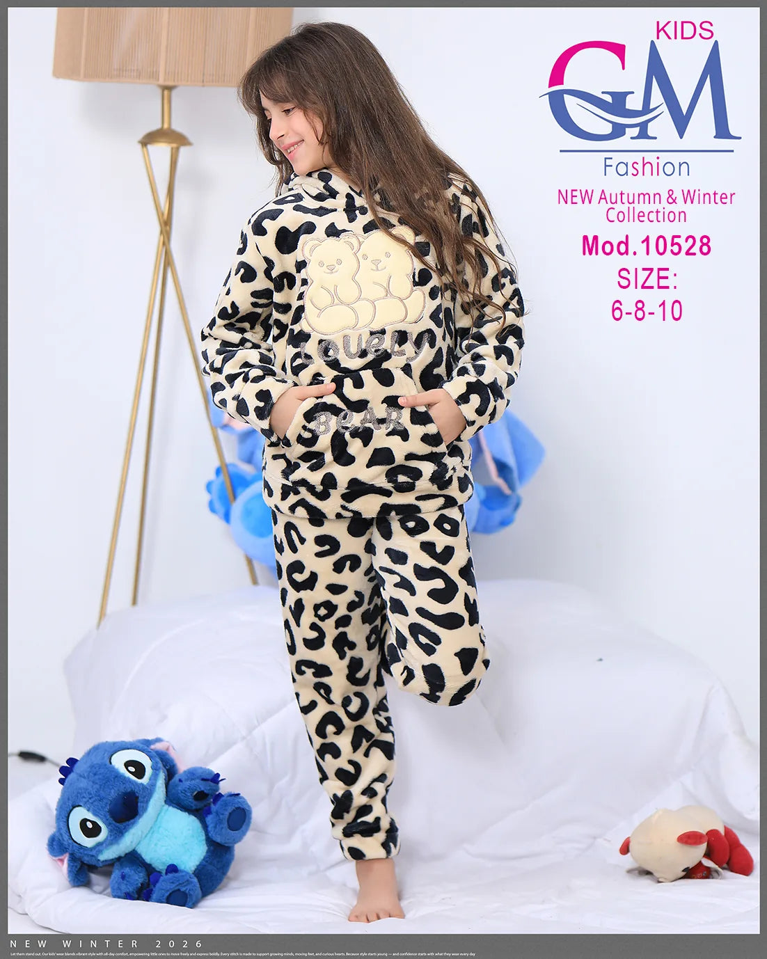 ترنج شتوي بناتي فرو دافئ بجيوب ودببة – موديل 10528 من GM Kids