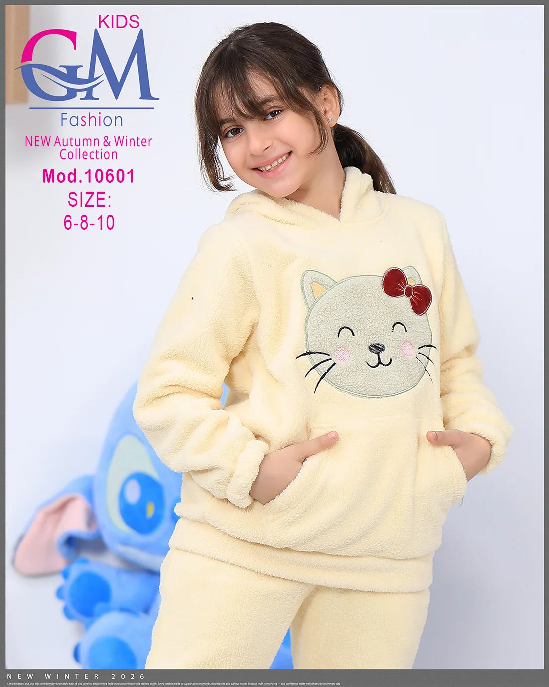 ترنج شتوي فرو برسمة قطة – موديل 10601 – مقاسات 6-8-10 سنوات | GM Kids