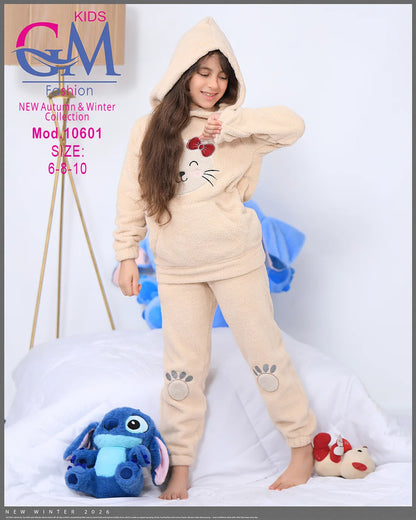 ترنج شتوي فرو برسمة قطة – موديل 10601 – مقاسات 6-8-10 سنوات | GM Kids