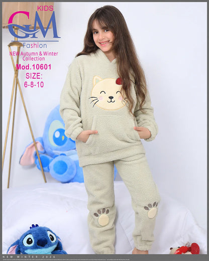 ترنج شتوي فرو برسمة قطة – موديل 10601 – مقاسات 6-8-10 سنوات | GM Kids