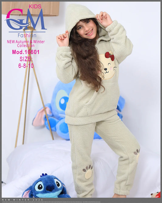 ترنج شتوي فرو برسمة قطة – موديل 10601 – مقاسات 6-8-10 سنوات | GM Kids