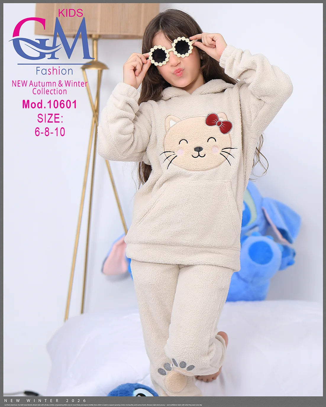 ترنج شتوي فرو برسمة قطة – موديل 10601 – مقاسات 6-8-10 سنوات | GM Kids