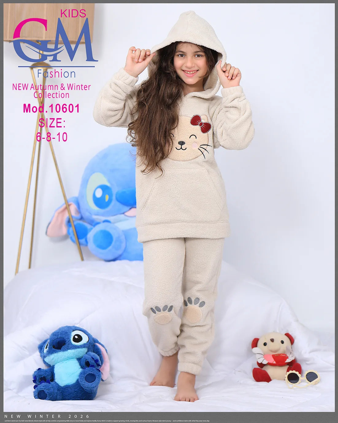ترنج شتوي فرو برسمة قطة – موديل 10601 – مقاسات 6-8-10 سنوات | GM Kids