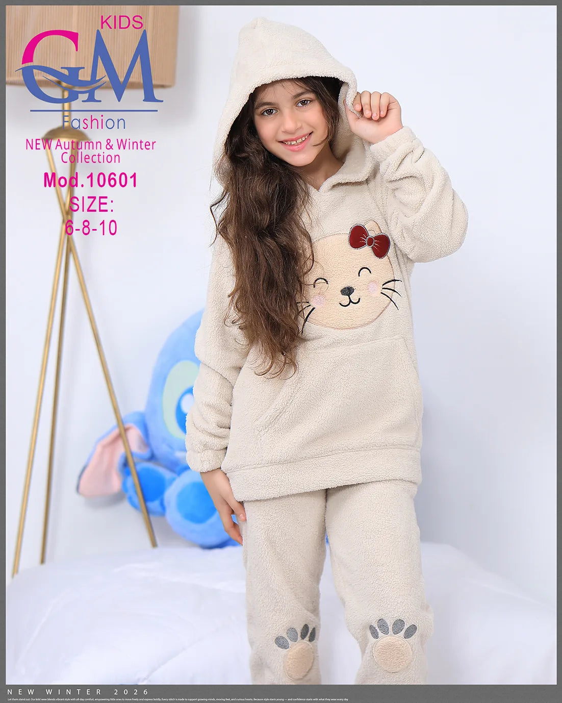 ترنج شتوي فرو برسمة قطة – موديل 10601 – مقاسات 6-8-10 سنوات | GM Kids