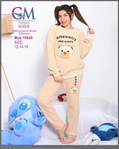 طقم بيجامة بناتي شتوي GM Kids | موديل 10626 بتصميم جاكيت مربعات