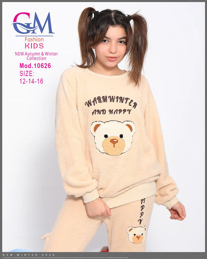 طقم بيجامة بناتي شتوي GM Kids | موديل 10626 بتصميم جاكيت مربعات