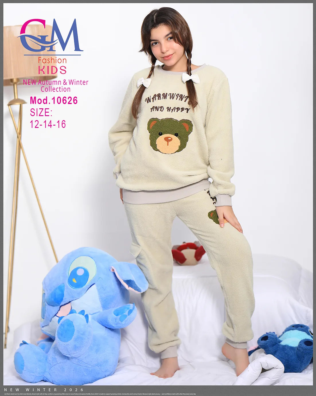 طقم بيجامة بناتي شتوي GM Kids | موديل 10626 بتصميم جاكيت مربعات